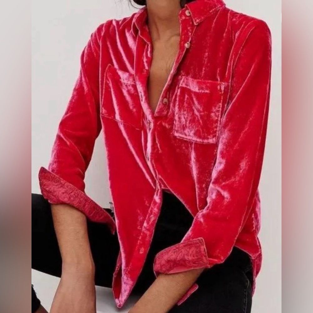 Anthropologie Pilcro Mara Hot Pink Relaxed Velvet Holiday Button Down Shirt 10